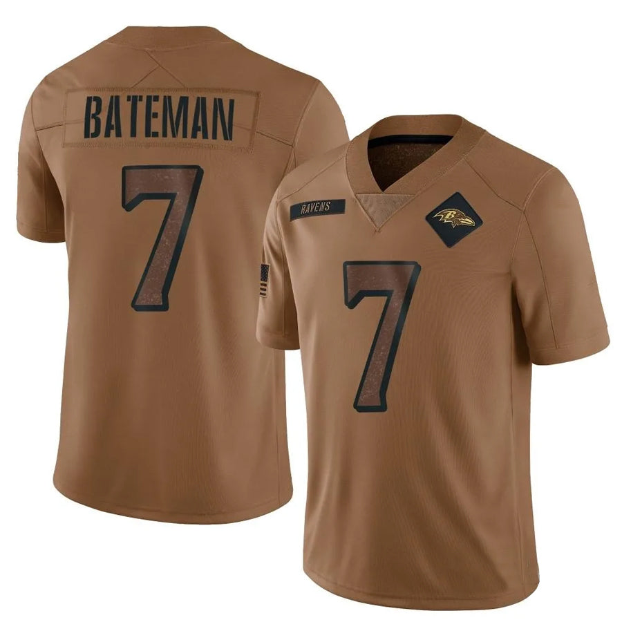 B.Ravens #7 Rashod Bateman Player Brown Salute To Service Limited Football Jerseys